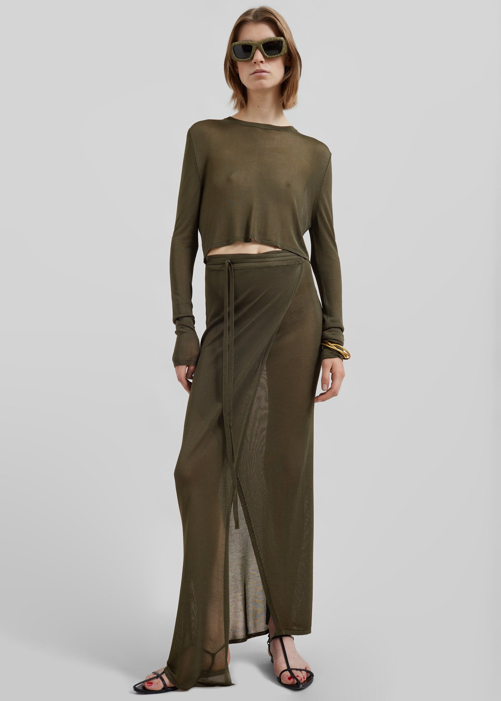 Kazel Cropped Thin Knit Top - Khaki - Image 3