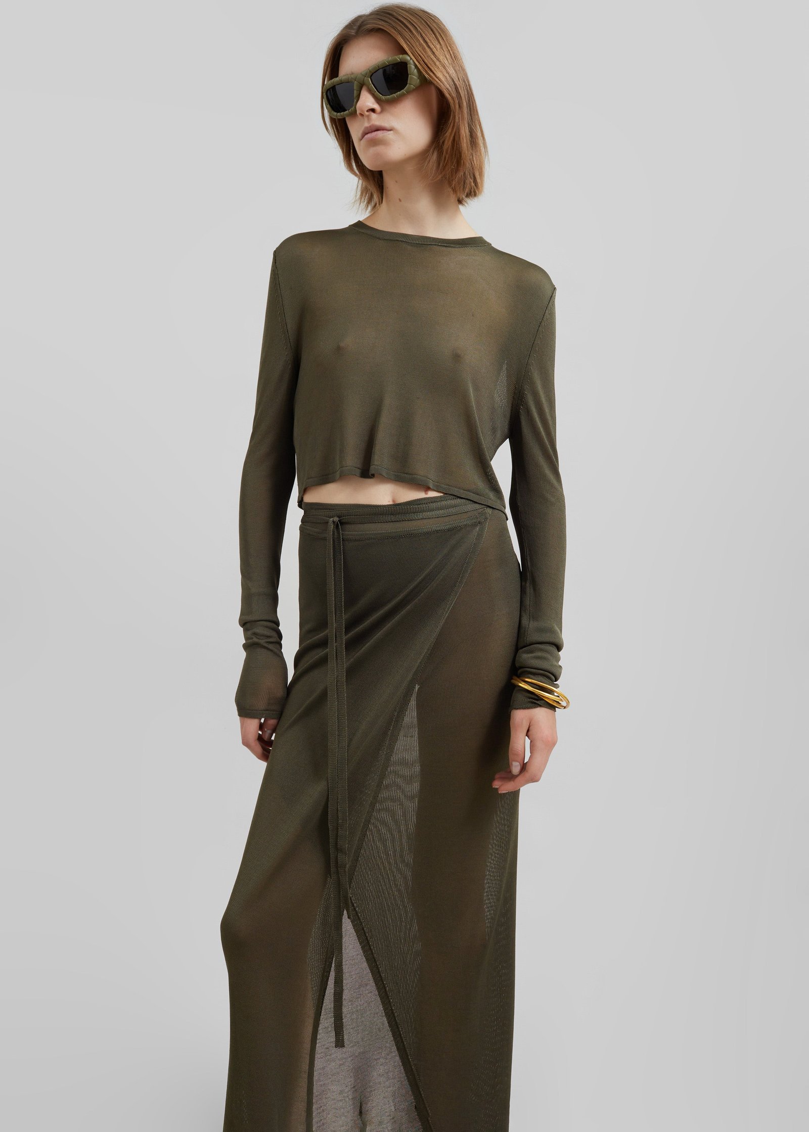 Kazel Cropped Thin Knit Top - Khaki