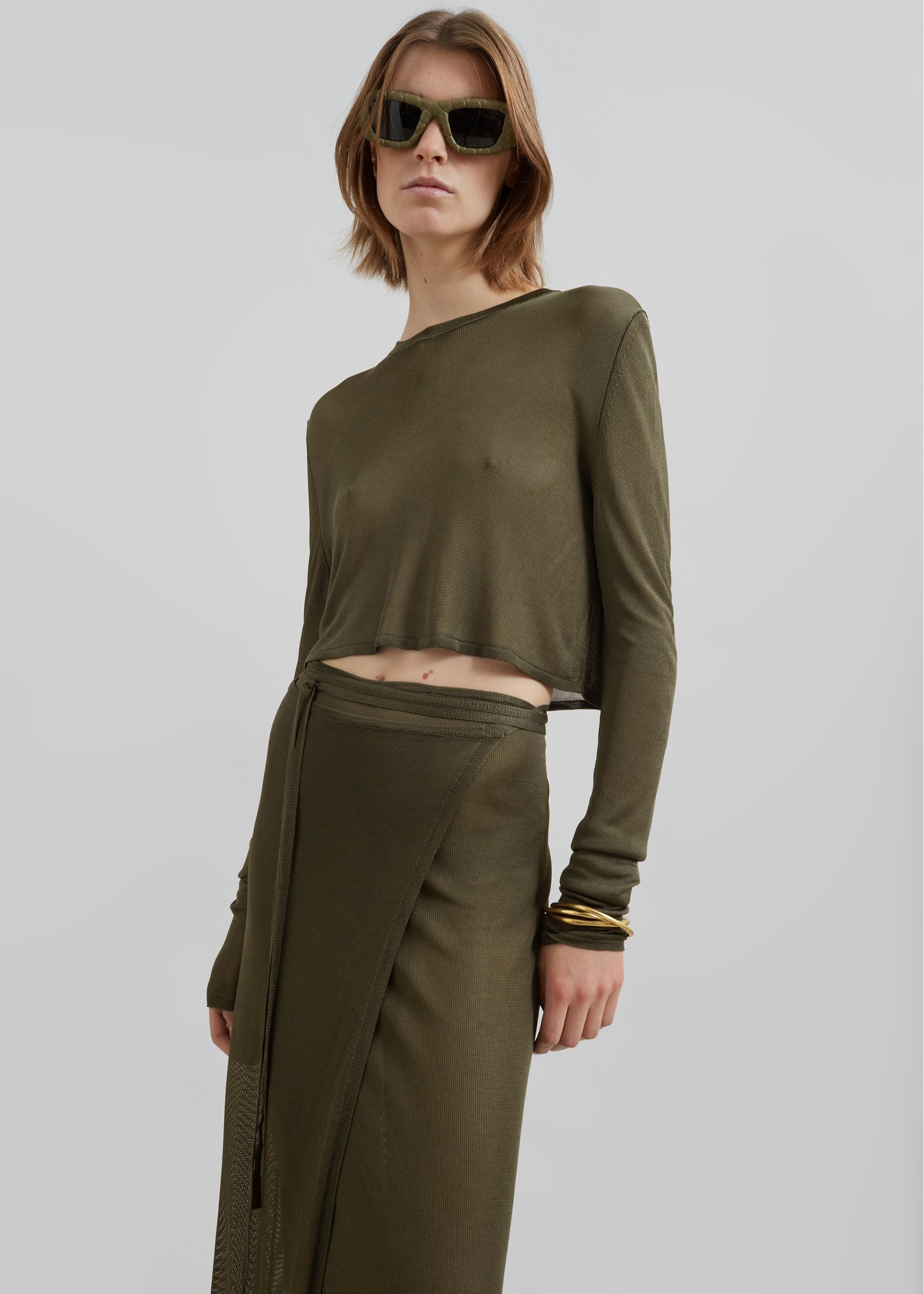 Kazel Cropped Thin Knit Top - Khaki - Image 2